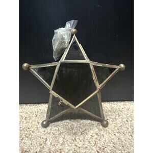 NEW Pier 1 Amber Moroccan Star Lantern Candle Holder Leaded Glass 8” Tea Lights